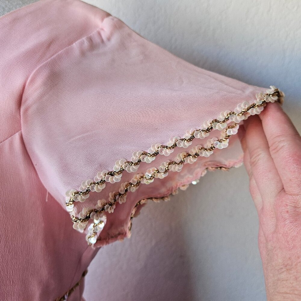 Vintage 60s 70s Light Pink Chiffon Princess Cocktail Evening Dress Gown L Large - Picture 4 of 14